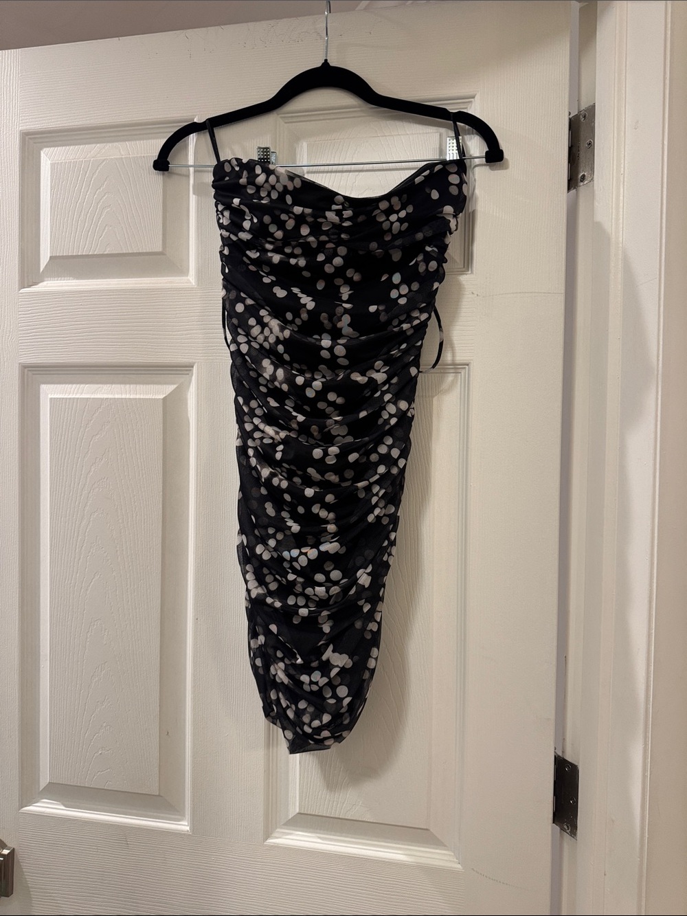 Zara Black Dress with White Polka Dot Ruched Midi